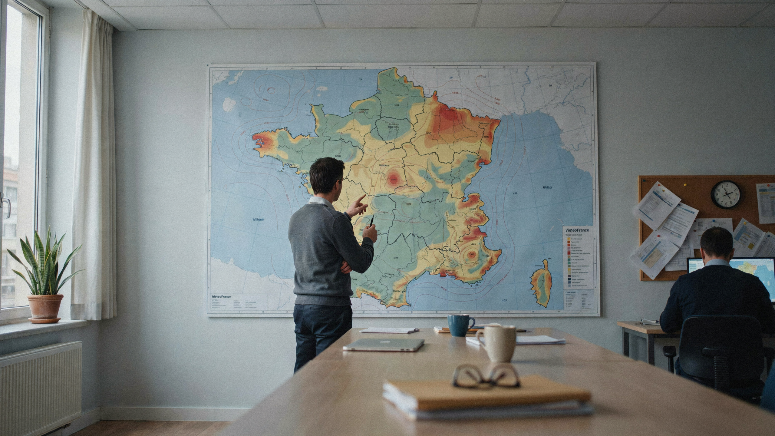 Illustration documentaire sur prévisionniste météo analysant des cartes de France