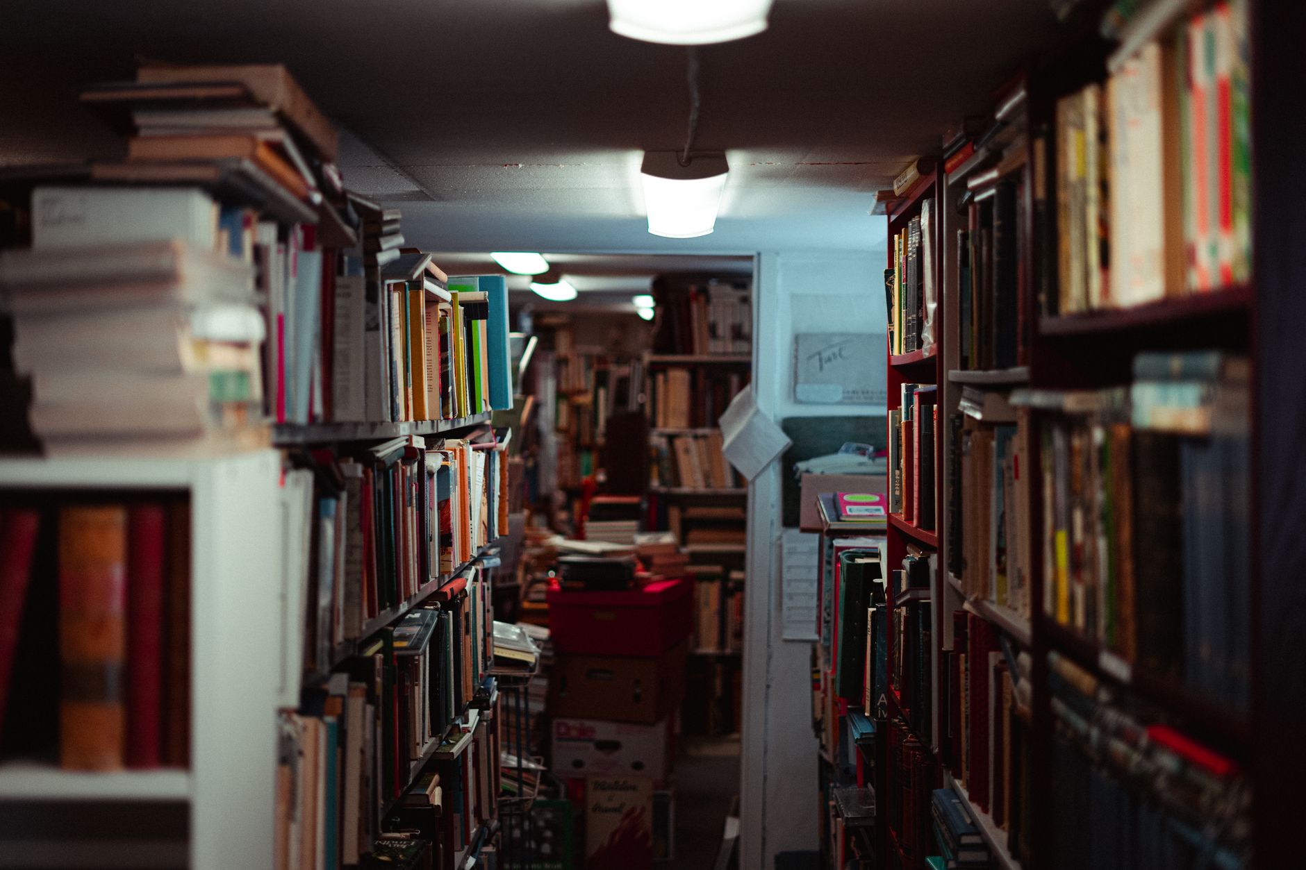 Allée étroite entre des étagères débordant de livres anciens, sous des plafonniers, avec des cartons et d’autres rayonnages au fond.